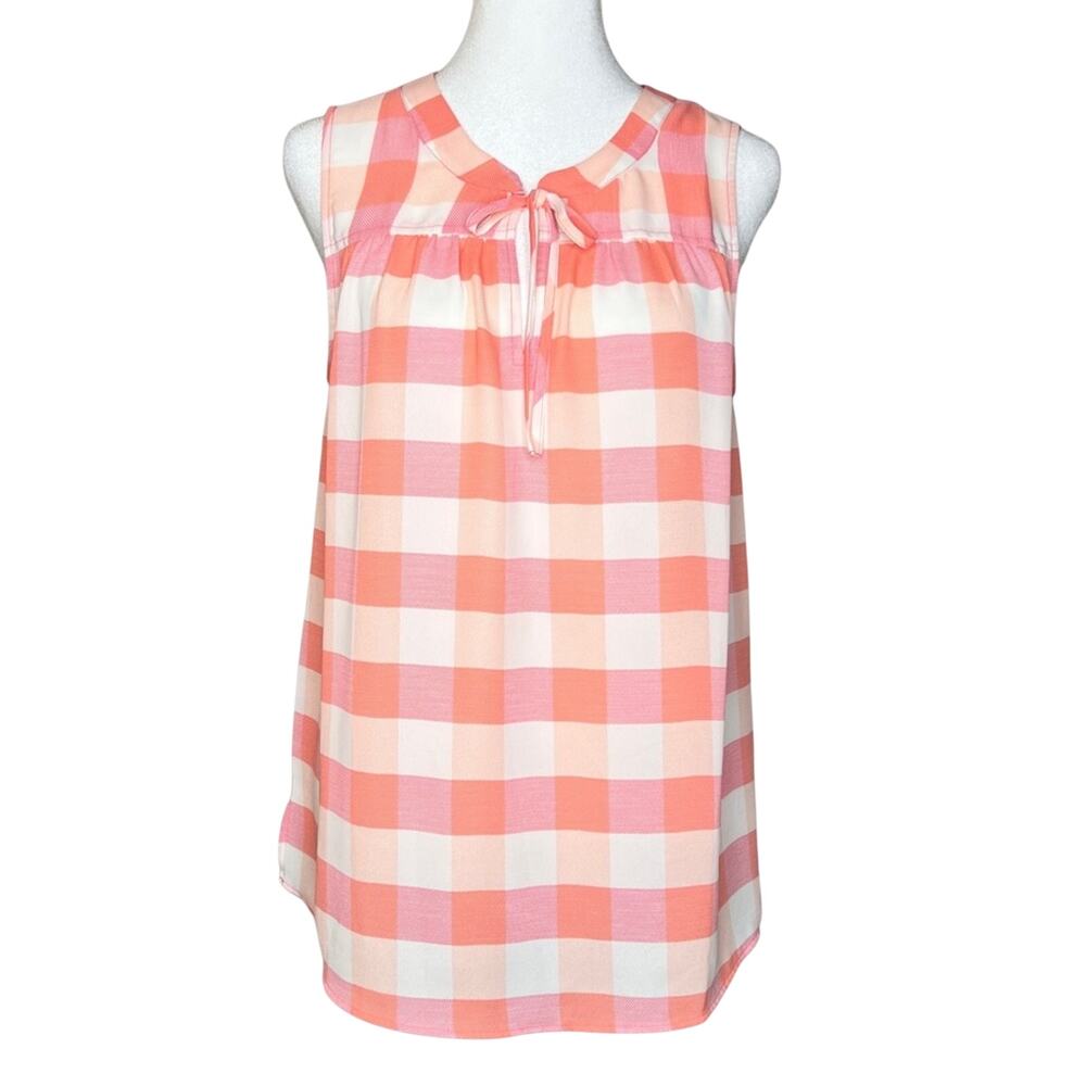 Ann Taylor Factory Pink Checker Sleeveless Tie Neck Blouse S Preppy Office Siren